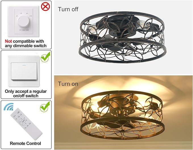 Caged Ceiling Fan with Light,18in Rustic Industrial Ceiling Fans with Lights and Remote,Bladeless Fandelier Ceiling Fan,Small