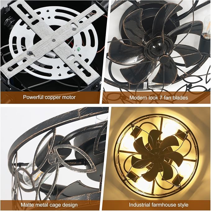 Caged Ceiling Fan with Light,18in Rustic Industrial Ceiling Fans with Lights and Remote,Bladeless Fandelier Ceiling Fan,Small