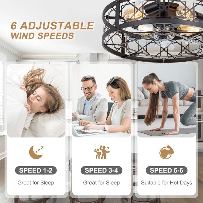 Caged Ceiling Fan with Light, 20" Ceiling Fan with Lights and Remote Flush Mount, Bladeless Caged Ceiling Fans with Lights