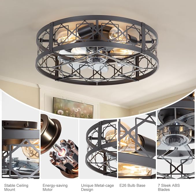 Caged Ceiling Fan with Light, 20" Ceiling Fan with Lights and Remote Flush Mount, Bladeless Caged Ceiling Fans with Lights