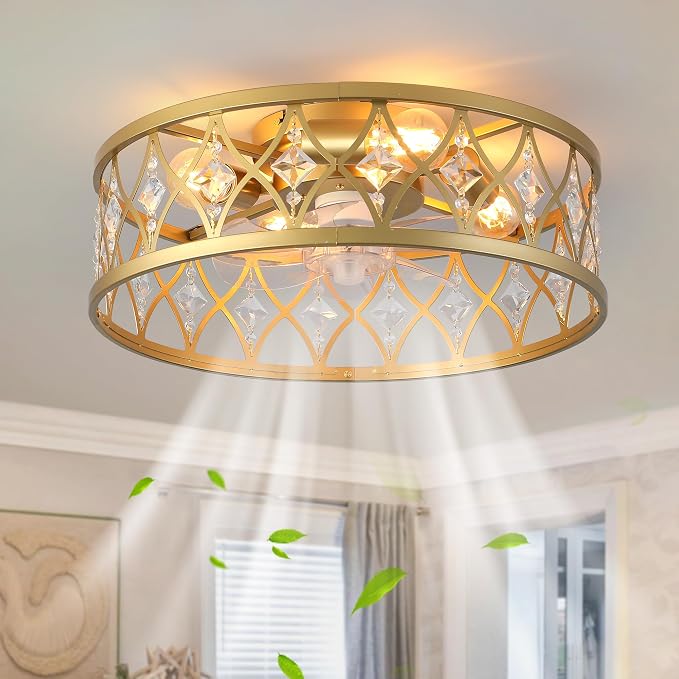 Caged Ceiling Fan with Light,20" Ceiling Fans with Lights and Remote,Bladeless Fandelier Small Low Profile Ceiling Fan Light
