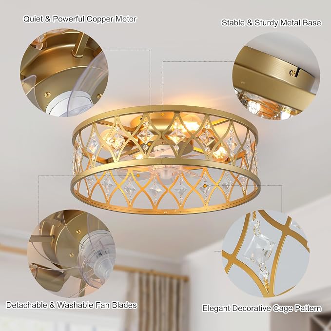 Caged Ceiling Fan with Light,20" Ceiling Fans with Lights and Remote,Bladeless Fandelier Small Low Profile Ceiling Fan Light