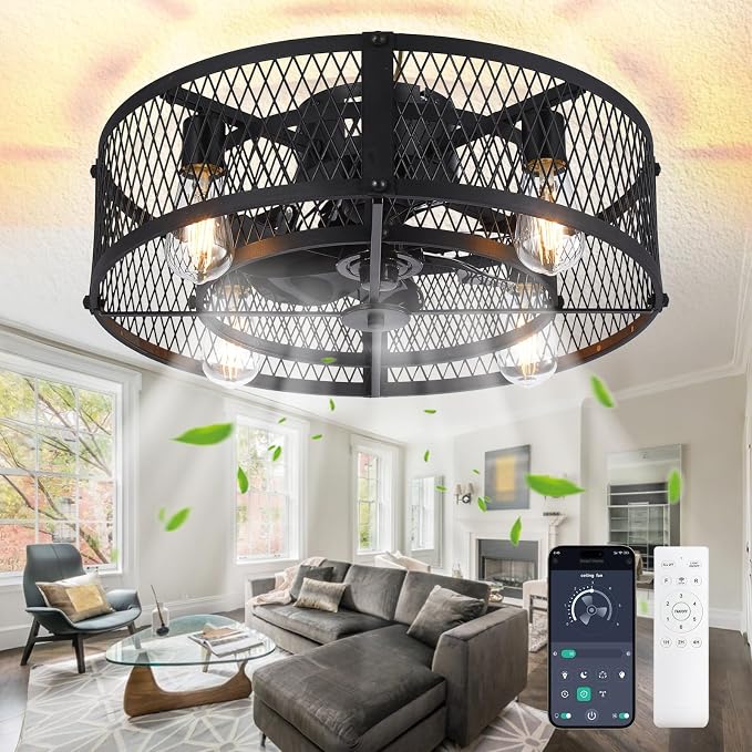 Caged Ceiling Fan with Light: 20" Flush Mount Ceiling Fans with Remote - Farmhouse Black Fandelier - Industrial Ceiling Fan