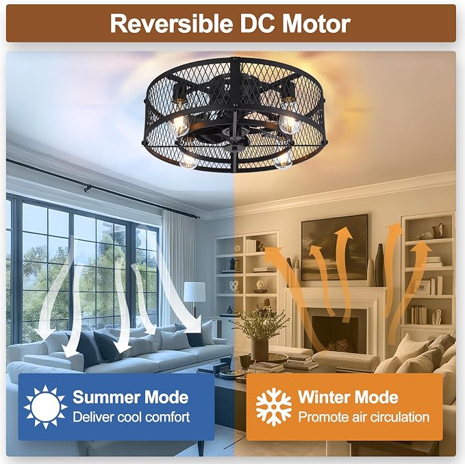 Caged Ceiling Fan with Light: 20" Flush Mount Ceiling Fans with Remote - Farmhouse Black Fandelier - Industrial Ceiling Fan