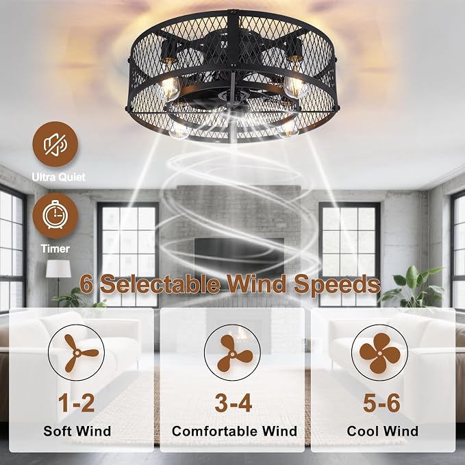Caged Ceiling Fan with Light: 20" Flush Mount Ceiling Fans with Remote - Farmhouse Black Fandelier - Industrial Ceiling Fan