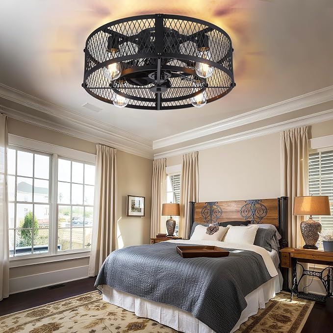 Caged Ceiling Fan with Light: 20" Flush Mount Ceiling Fans with Remote - Farmhouse Black Fandelier - Industrial Ceiling Fan