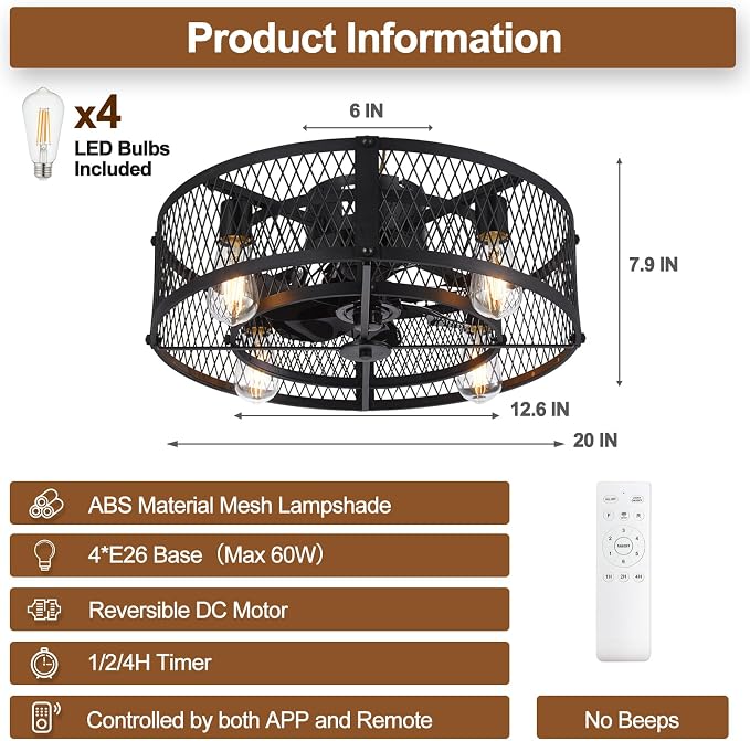 Caged Ceiling Fan with Light: 20" Flush Mount Ceiling Fans with Remote - Farmhouse Black Fandelier - Industrial Ceiling Fan