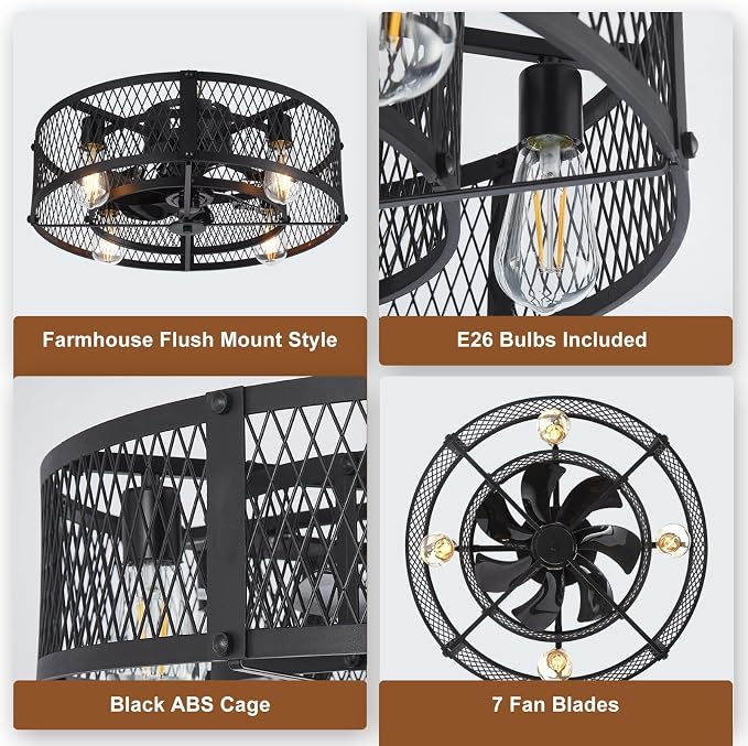 Caged Ceiling Fan with Light: 20" Flush Mount Ceiling Fans with Remote - Farmhouse Black Fandelier - Industrial Ceiling Fan