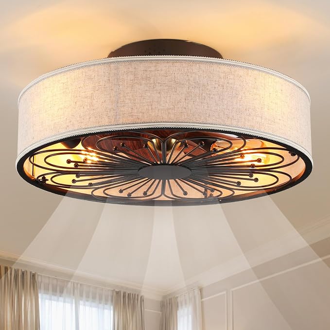 Caged Ceiling Fans with Lights Flush Mount,Low Profile Ceiling Fan with Remote,20 Inch Farmhouse White Ceiling Fan for