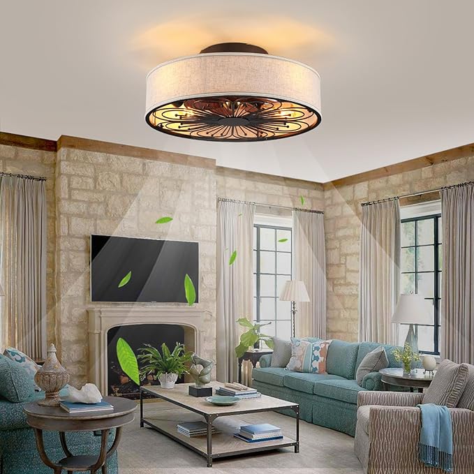 Caged Ceiling Fans with Lights Flush Mount,Low Profile Ceiling Fan with Remote,20 Inch Farmhouse White Ceiling Fan for