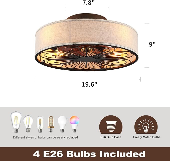 Caged Ceiling Fans with Lights Flush Mount,Low Profile Ceiling Fan with Remote,20 Inch Farmhouse White Ceiling Fan for
