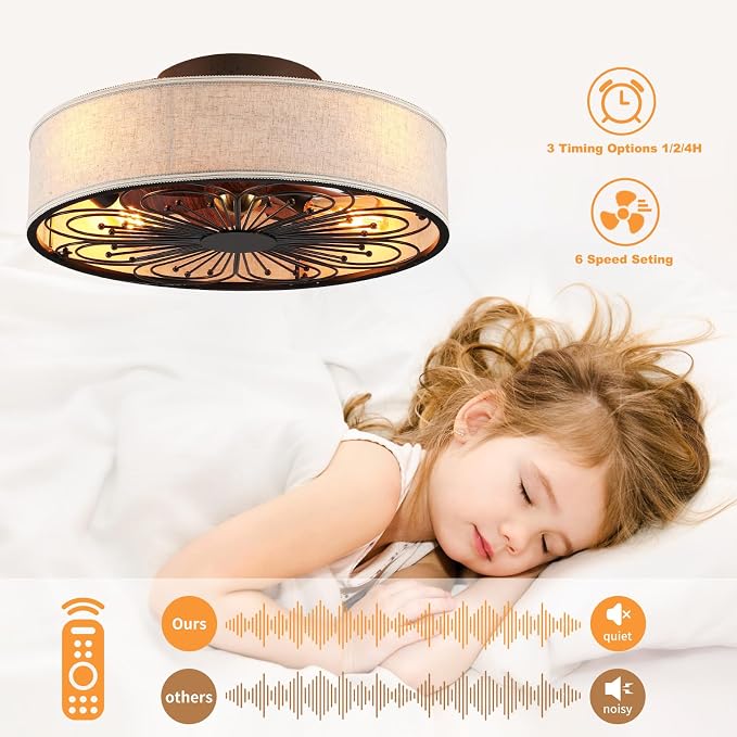 Caged Ceiling Fans with Lights Flush Mount,Low Profile Ceiling Fan with Remote,20 Inch Farmhouse White Ceiling Fan for