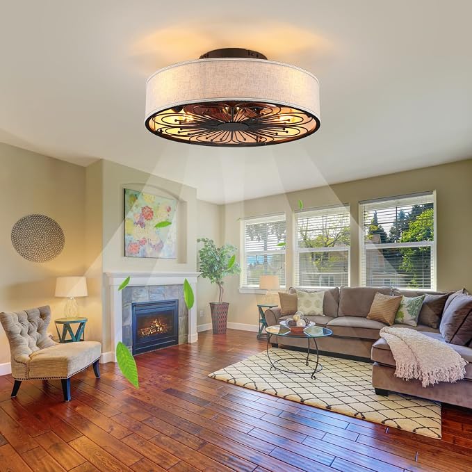 Caged Ceiling Fans with Lights Flush Mount,Low Profile Ceiling Fan with Remote,20 Inch Farmhouse White Ceiling Fan for