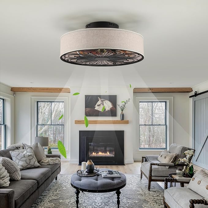 Caged Ceiling Fans with Lights Flush Mount,Low Profile Ceiling Fan with Remote,20 Inch Farmhouse White Ceiling Fan for