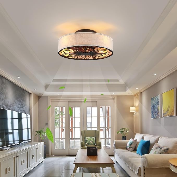 Caged Ceiling Fans with Lights Flush Mount,Low Profile Ceiling Fan with Remote,20 Inch Farmhouse White Ceiling Fan for