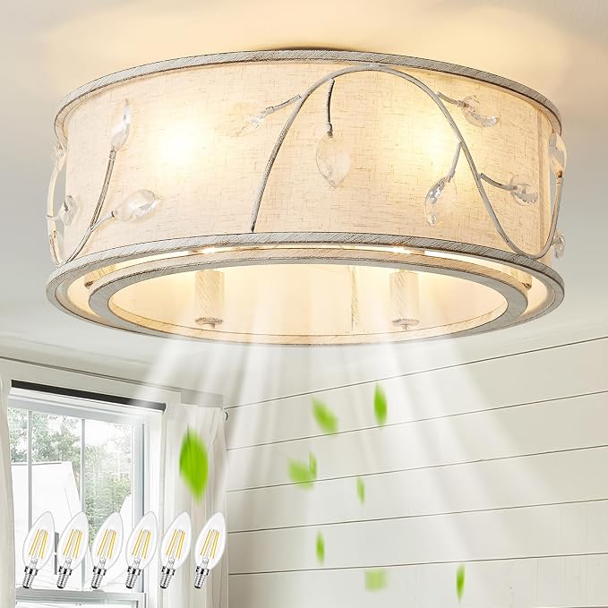 Caged Flush Mount Ceiling Fans with Lights, 20" White Boho Ceiling Fan, Low Profile Crystal Ceiling Fan with