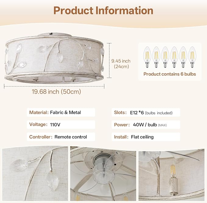 Caged Flush Mount Ceiling Fans with Lights, 20" White Boho Ceiling Fan, Low Profile Crystal Ceiling Fan with, alternate view