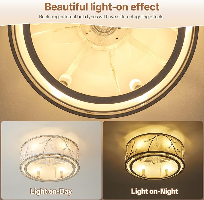 Caged Flush Mount Ceiling Fans with Lights, 20" White Boho Ceiling Fan, Low Profile Crystal Ceiling Fan with, alternate view