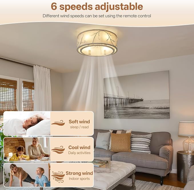 Caged Flush Mount Ceiling Fans with Lights, 20" White Boho Ceiling Fan, Low Profile Crystal Ceiling Fan with, alternate view