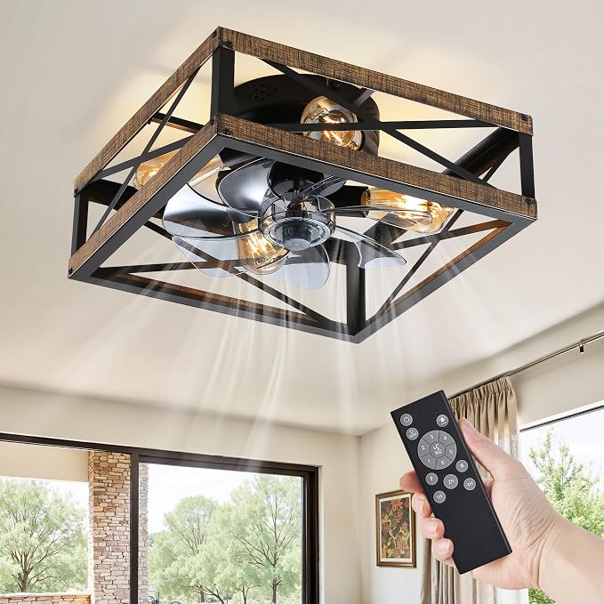 Caged Flush Mount Ceiling Fans with Lights and Remote, Rustic Square Low Profile Ceiling Fan, 6 Speed and
