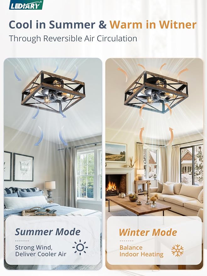 Caged Flush Mount Ceiling Fans with Lights and Remote, Rustic Square Low Profile Ceiling Fan, 6 Speed and, alternate view 3