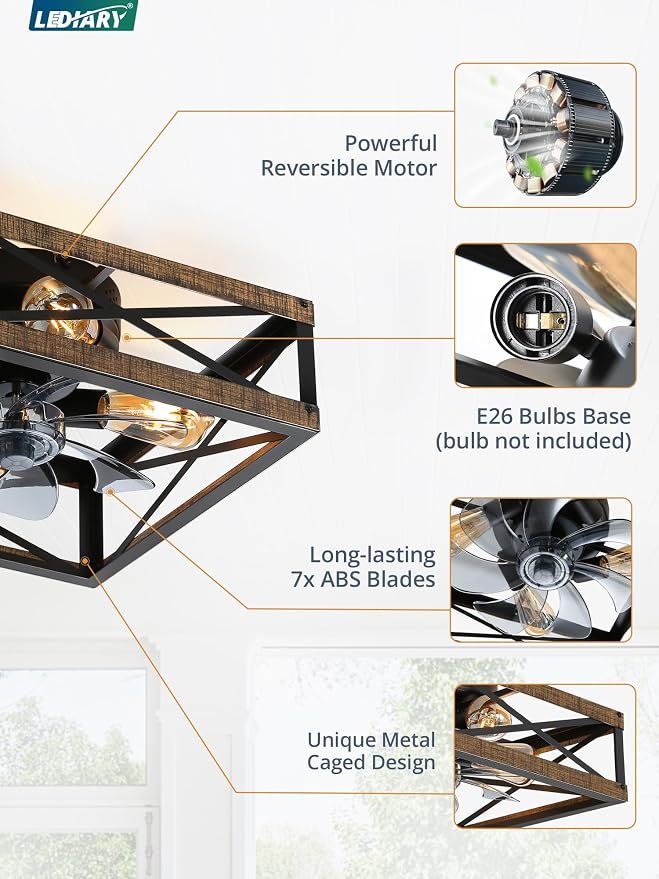 Caged Flush Mount Ceiling Fans with Lights and Remote, Rustic Square Low Profile Ceiling Fan, 6 Speed and, alternate view 5