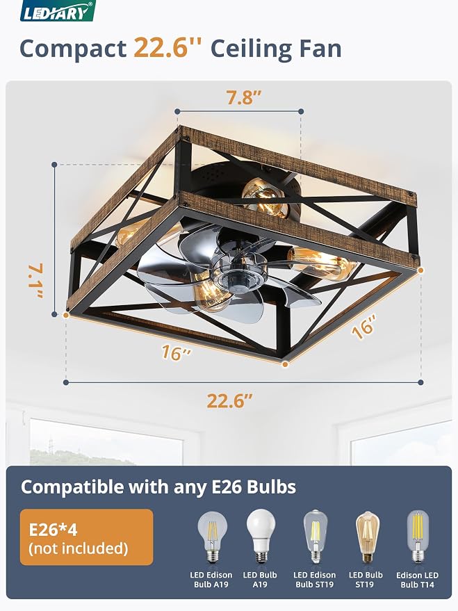Caged Flush Mount Ceiling Fans with Lights and Remote, Rustic Square Low Profile Ceiling Fan, 6 Speed and, alternate view 6