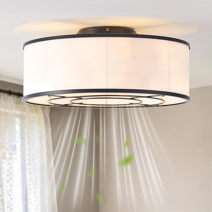 Caged Low Profile Ceiling Fans with Lights, Bladeless Ceiling Fan with lights and Remote, Flush Mount Modern Enclosed with 6