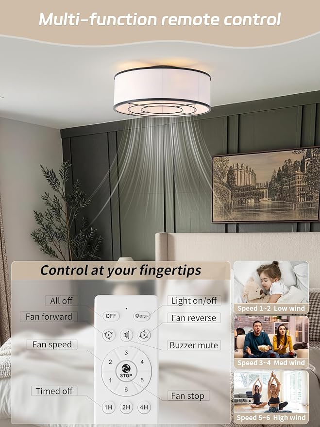 Caged Low Profile Ceiling Fans with Lights, Bladeless Ceiling Fan with lights and Remote, Flush Mount Modern Enclosed with 6