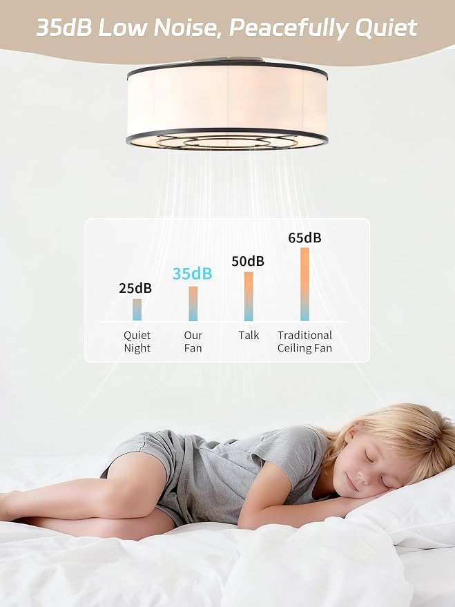 Caged Low Profile Ceiling Fans with Lights, Bladeless Ceiling Fan with lights and Remote, Flush Mount Modern Enclosed with 6