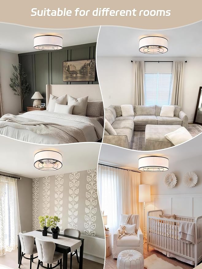 Caged Low Profile Ceiling Fans with Lights, Bladeless Ceiling Fan with lights and Remote, Flush Mount Modern Enclosed with 6