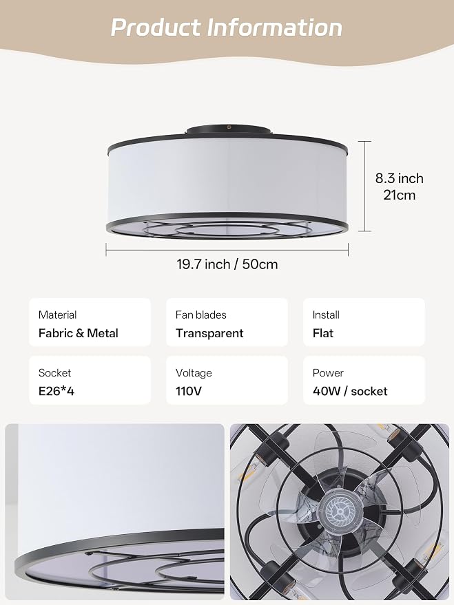 Caged Low Profile Ceiling Fans with Lights, Bladeless Ceiling Fan with lights and Remote, Flush Mount Modern Enclosed with 6