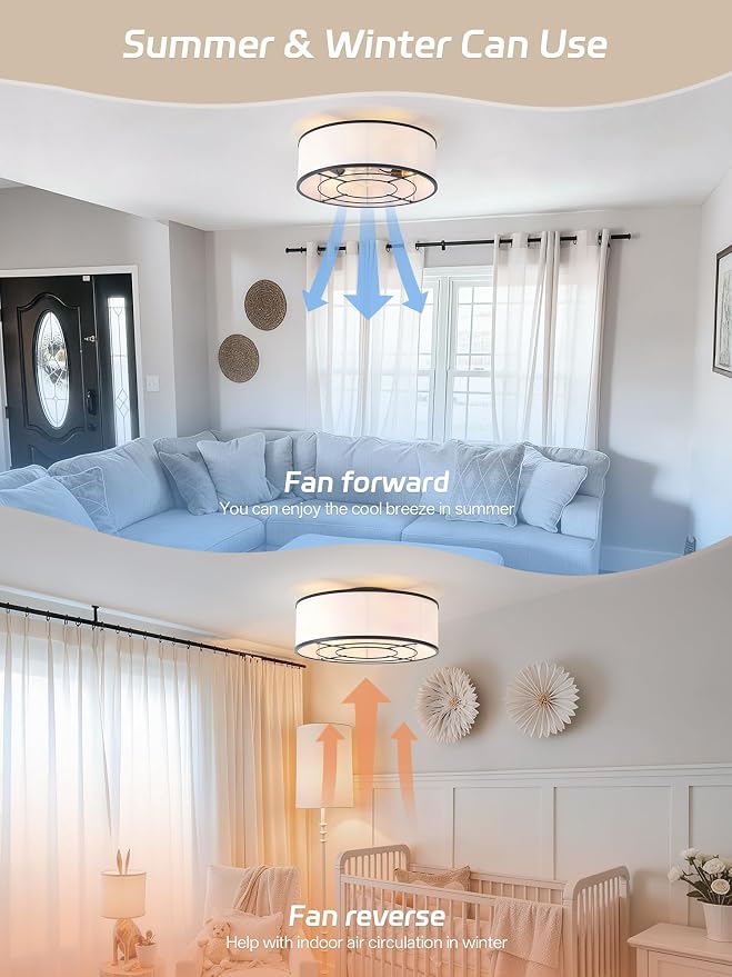Caged Low Profile Ceiling Fans with Lights, Bladeless Ceiling Fan with lights and Remote, Flush Mount Modern Enclosed with 6