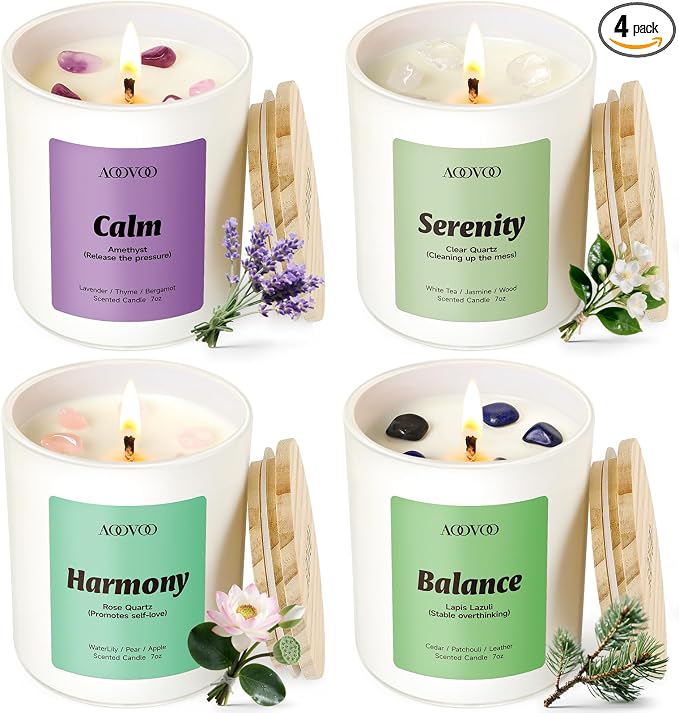 Calm Candles Set for Women - 4 Pack Candles for Home Scented, 28 oz 200 Hour Burn, Aromatherapy Candle with Crystals, product
