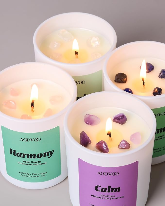 Calm Candles Set for Women - 4 Pack Candles for Home Scented, 28 oz 200 Hour Burn, Aromatherapy Candle with Crystals