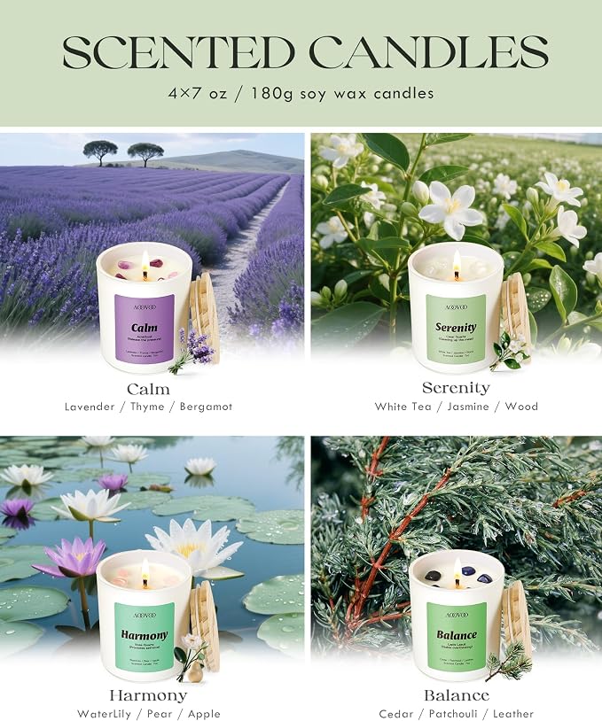 Calm Candles Set for Women - 4 Pack Candles for Home Scented, 28 oz 200 Hour Burn, Aromatherapy Candle with Crystals