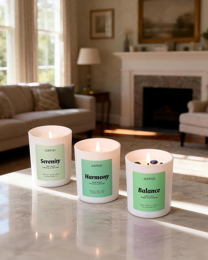 Calm Candles Set for Women - 4 Pack Candles for Home Scented, 28 oz 200 Hour Burn, Aromatherapy Candle with Crystals