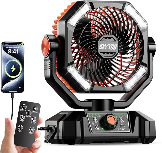 Camping Fan, 20000mAh Battery Powered Fan, Rechargeable Portable Fan with 4 LED Lantern, Remote Control, Hook, 8 Speeds