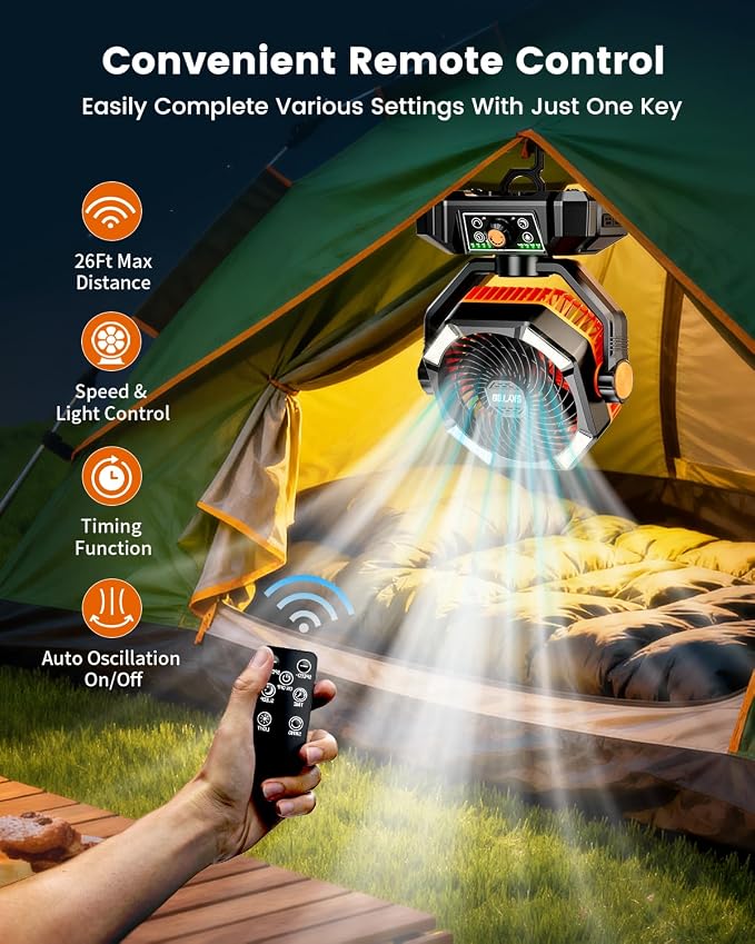 Camping Fan, 20000mAh Battery Powered Fan, Rechargeable Portable Fan with 4 LED Lantern, Remote Control, Hook, 8 Speeds