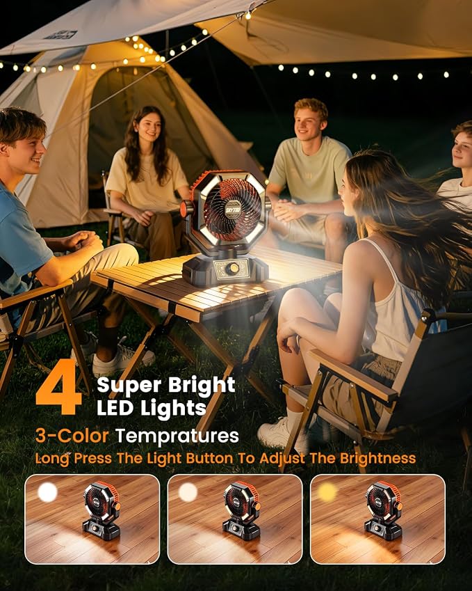 Camping Fan, 20000mAh Battery Powered Fan, Rechargeable Portable Fan with 4 LED Lantern, Remote Control, Hook, 8 Speeds