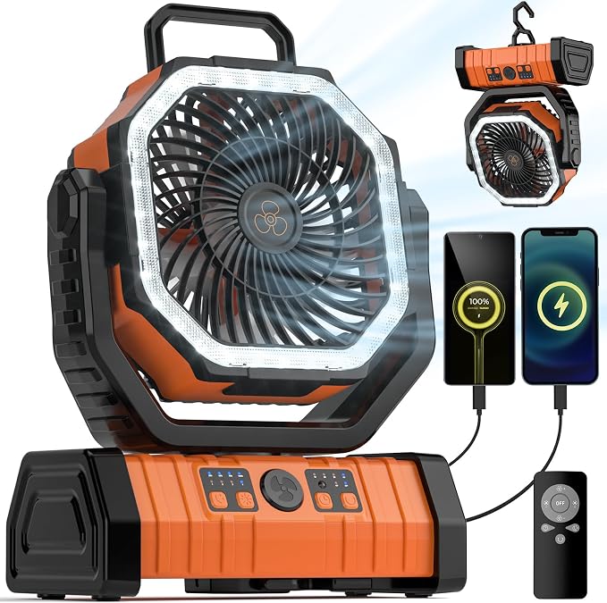Camping Fan - 20000mAh Battery Powered Fan Rechargeable with LED Lantern - Portable Outdoor Tent Fans with Hanging Hook 4