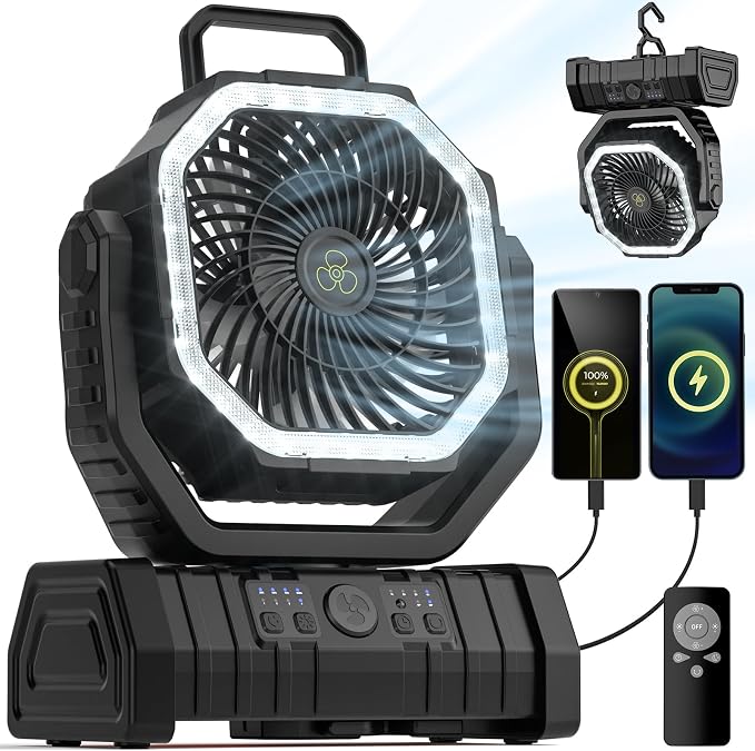 Camping Fan - 20000mAh Battery Powered Fan Rechargeable with LED Lantern - Portable Outdoor Tent Fans with Hanging Hook 4