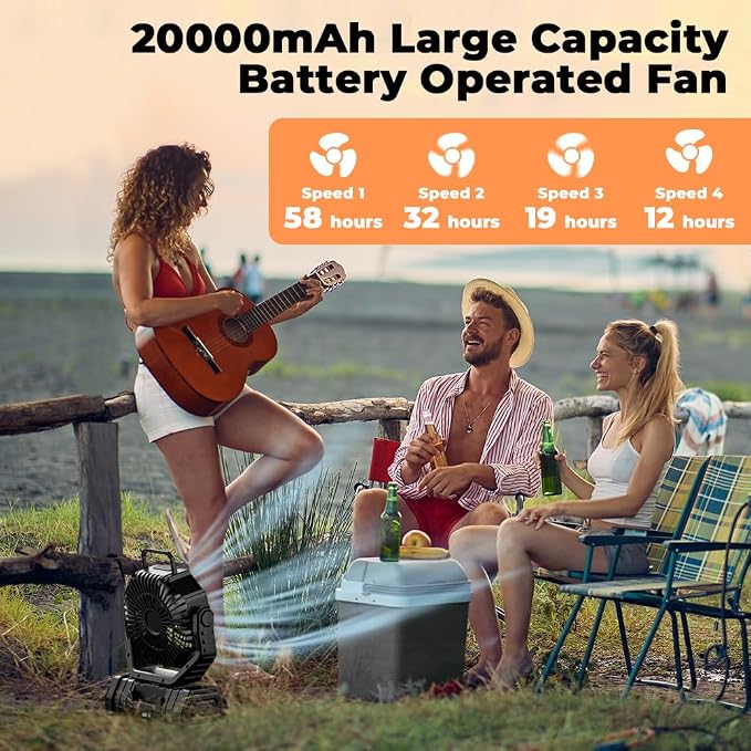 Camping Fan - 20000mAh Battery Powered Fan Rechargeable with LED Lantern - Portable Outdoor Tent Fans with Hanging Hook 4