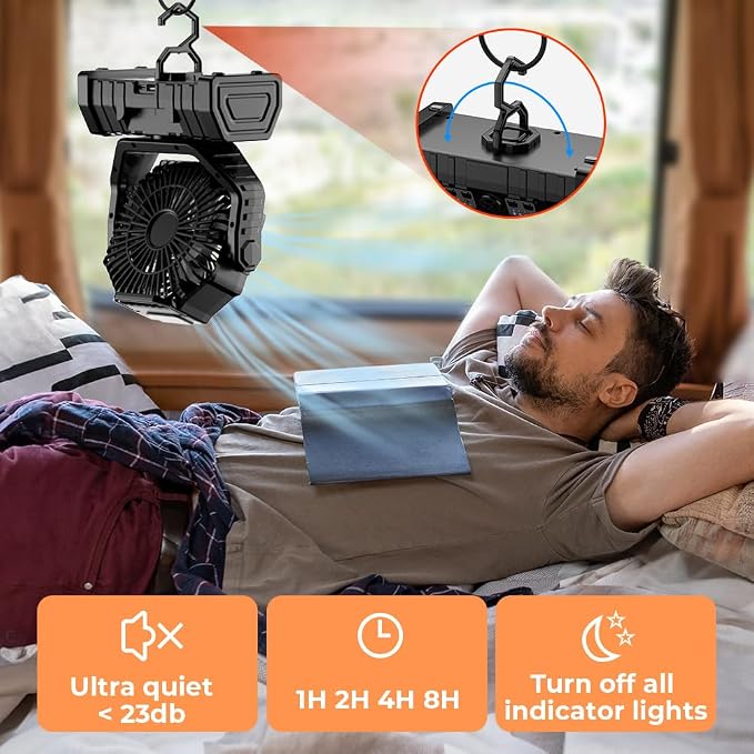 Camping Fan - 20000mAh Battery Powered Fan Rechargeable with LED Lantern - Portable Outdoor Tent Fans with Hanging Hook 4