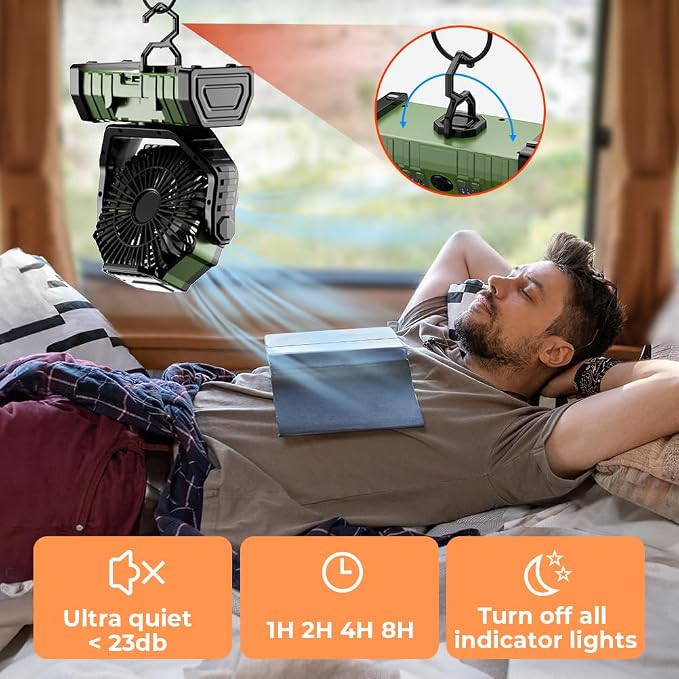 Camping Fan - 20000mAh Battery Powered Fan Rechargeable with LED Lantern - Portable Outdoor Tent Fans with Hanging Hook 4
