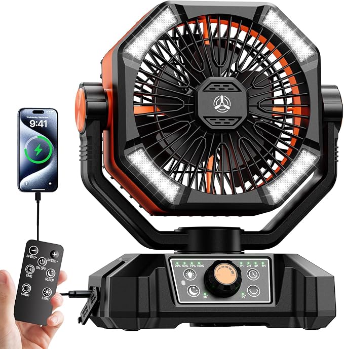 Camping Fan, 20000mAh Battery Powered Fan with LED Lantern, Rechargeable Battery Operated Oscillating with Remote Hook, 8