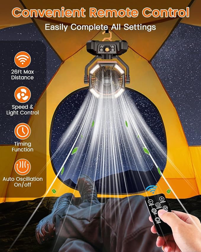 Camping Fan, 20000mAh Battery Powered Fan with LED Lantern, Rechargeable Battery Operated Oscillating with Remote Hook, 8