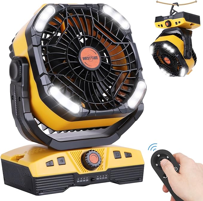 Camping Fan 20000mAh Rechargeable Battery Operated fan Outdoor Tent Fan with Light & Hook 270° Pivot, knob Speeds, Personal