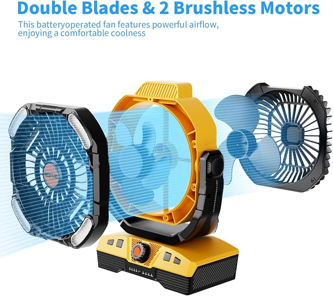 Camping Fan 20000mAh Rechargeable Battery Operated fan Outdoor Tent Fan with Light & Hook 270° Pivot, knob Speeds, Personal
