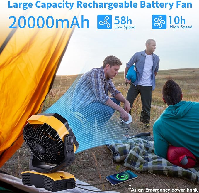 Camping Fan 20000mAh Rechargeable Battery Operated fan Outdoor Tent Fan with Light & Hook 270° Pivot, knob Speeds, Personal